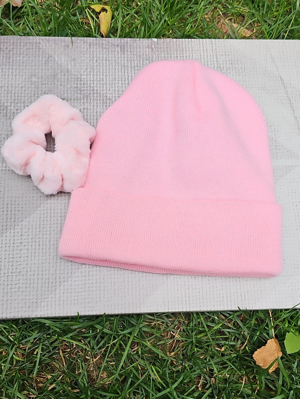 1 Soft Pink One Size Fits All Beanie and 1 Fuzzy Scrunchie Set